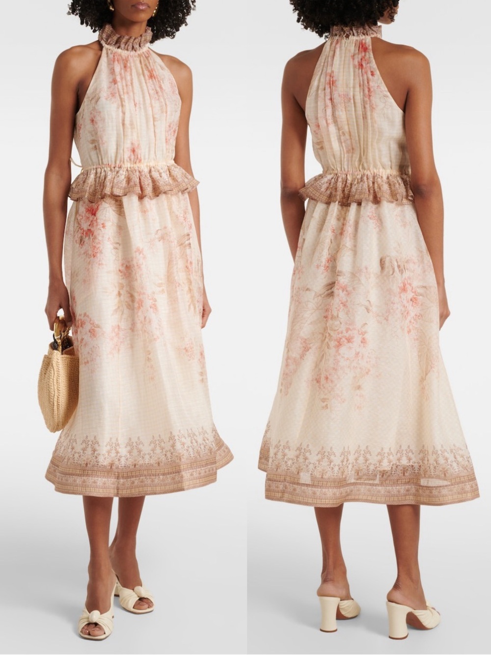 Zimmermann Illuminate Halter Midi Dress Silk Linen Coral Floral US 8 AU 2 NWT